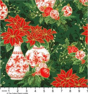 Holiday Flourish, Festive Finery fabric: Poinsettias, Vases & Baubles, Pine | 