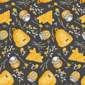 Show Me The Honey Fabric: Beehives & Honey Jars Grey (per 1/4 metre) | 