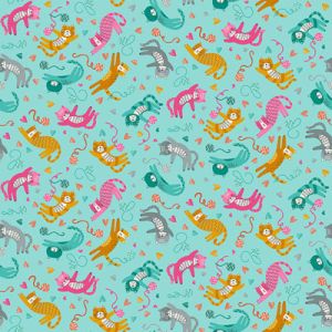 Whiskers Fabric Makower Playful Cats Teal | 