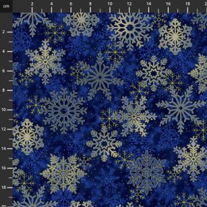 Christmas Wonders fabric: Gold Snowflakes on Blue (per 1/4 metre) | 