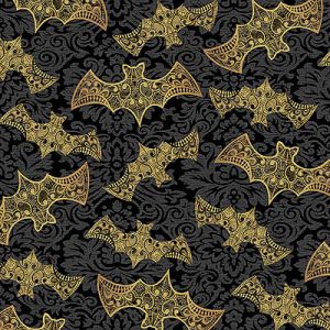 Mystery Manor Halloween fabric: Gold Bats Black (per 1/4 metre) | 