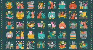 Whiskers Fabric Makower Cat Panel Teal 60cm | 