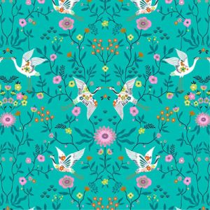 Blossom Days Fabric: Cranes on Turquoise (per 1/4 metre) | 