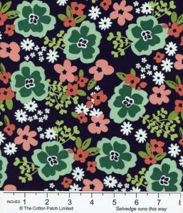 Juliette fabric, Large Green/Coral Floral on Black | 