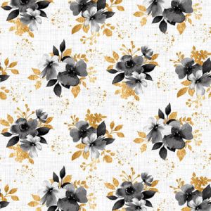 Watercolour Sketchbook Fabric: Small Bouquets Grey/Gold (per 1/4 metre) | 