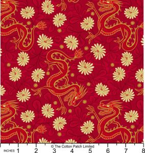 Year of the Dragon fabric: Dragon on Red, Gold Metallic | 