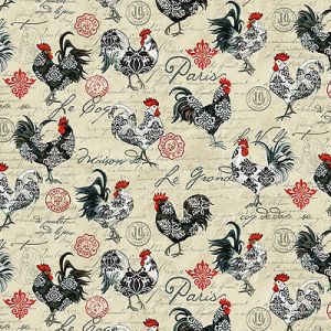 Le Poulet Fabric: Roosters Cream (per 1/4 metre) | 