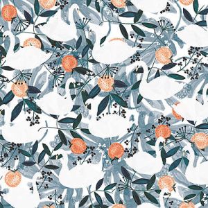 Spice Fabric: White Swans & Oranges Blue (per 1/4 metre) | 