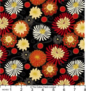 Year of the Dragon fabric: Black & Red Floral, Gold Metallic | 