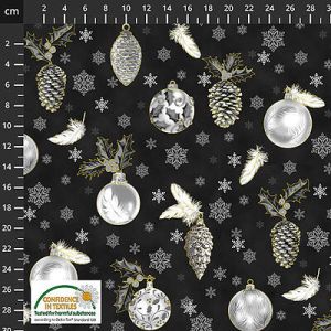 Christmas Shimmer fabric: Baubles & Feathers Black/Gold (per 1/4 metre) | 