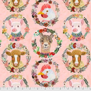 Mia Charro Farm Friends fabric: Farm Badges Peach (per 1/4 metre) | 