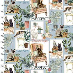 Cats & Dogs fabric: Everyday is Caturday Blue (per 1/4 metre) | 