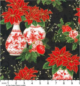 Holiday Flourish, Festive Finery fabric: Poinsettias, Vases & Baubles, Black | 