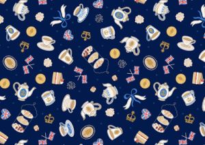 Coronation Day Fabrics: A Cup of Tea on Blue per 1/4 metre) | 