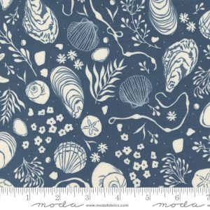 Seaglass Summer fabric: Tide Pool Novelty Shells, Indigo Sea | 