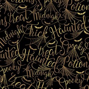 Mystery Manor Halloween fabric: Cryptic Script Black (per 1/4 metre) | 