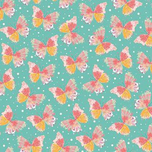 Confetti Blossoms fabric: Butterflies Aqua (per 1/4 metre) | 