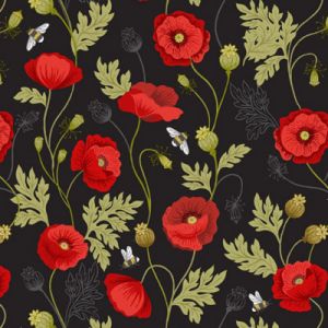 Poppies fabric: Poppy and Bee on Black | 