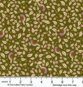 Isabella fabric: Arts and Crafts Birds on Forest Green | 