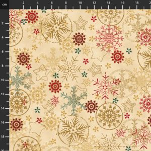 Christmas Wonders fabric: Large Gold Snowflakes on Beige (per 1/4 metre) | 