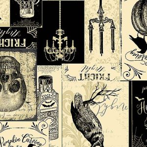 Mystery Manor Halloween fabric: Spooky Invites Cream (per 1/4 metre) | 