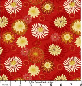 Year of the Dragon fabric: Red Floral, Gold Metallic | 